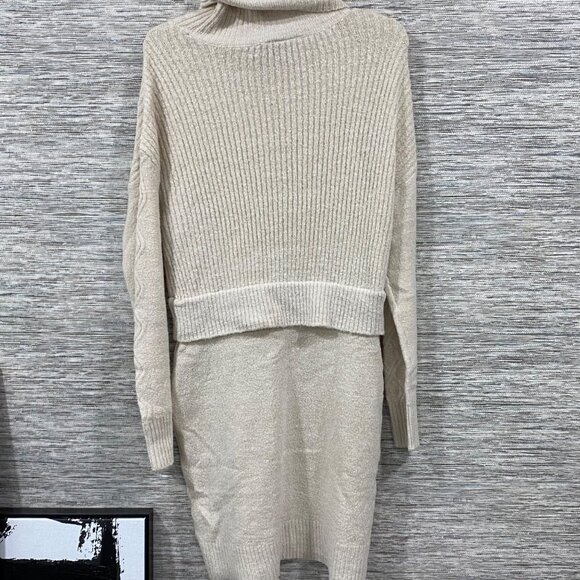 Harlow & Rose Beige Cable Knit Turtleneck Sweater Dress Ribbed Detail Womens M - Picture 5 of 5